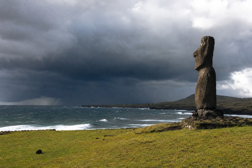 Open Pacific swell rolling toward black volcanic rocks at the edge of a low green headland