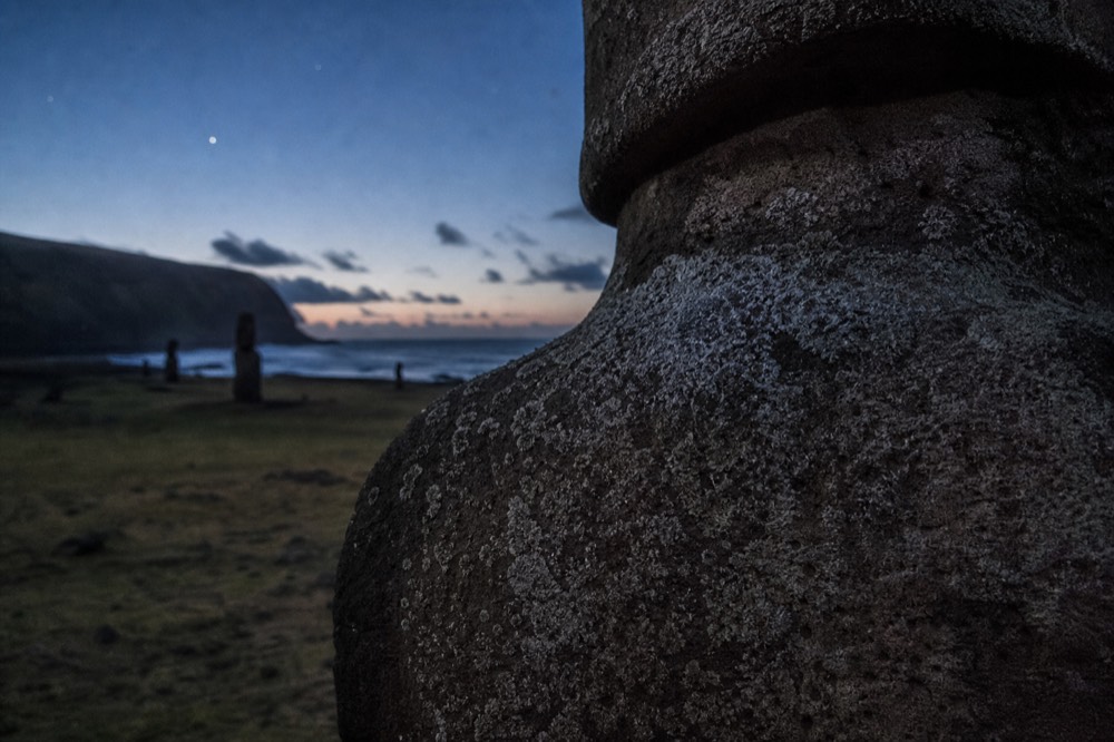 Close view of pitted, lichen-flecked volcanic tuff on a moai shoulder showing centuries of weathering