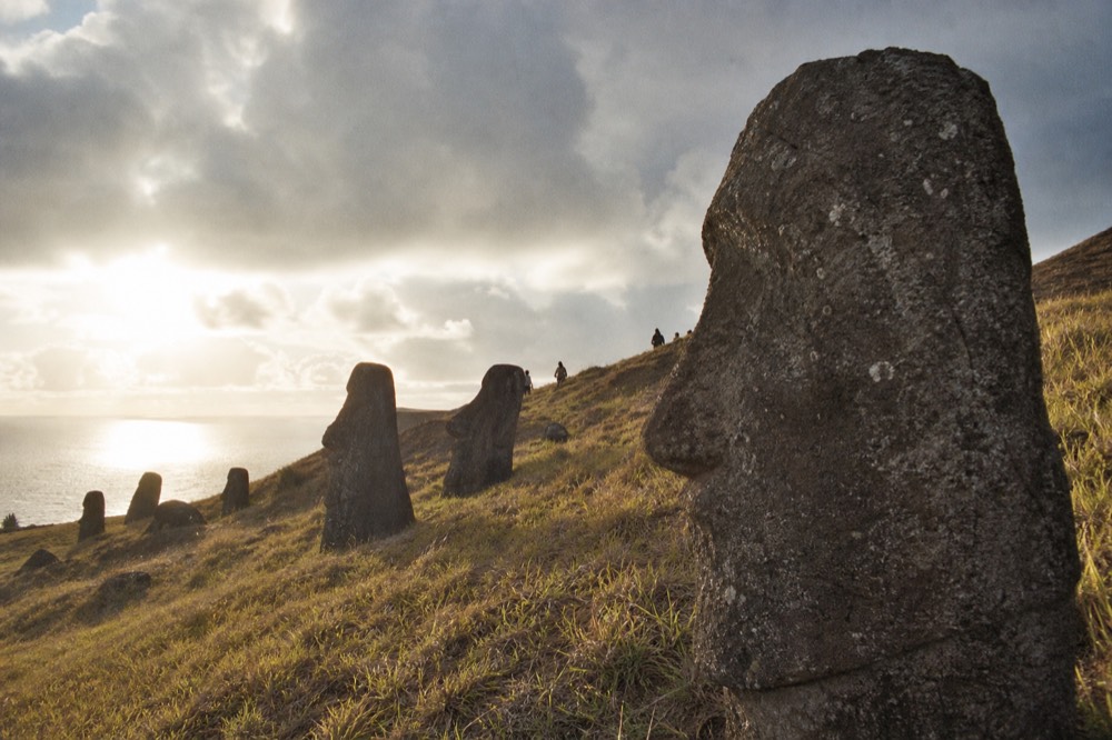 Rows of unfinished moai heads protruding from the grassy volcanic slope of a quarry beneath a grey sky