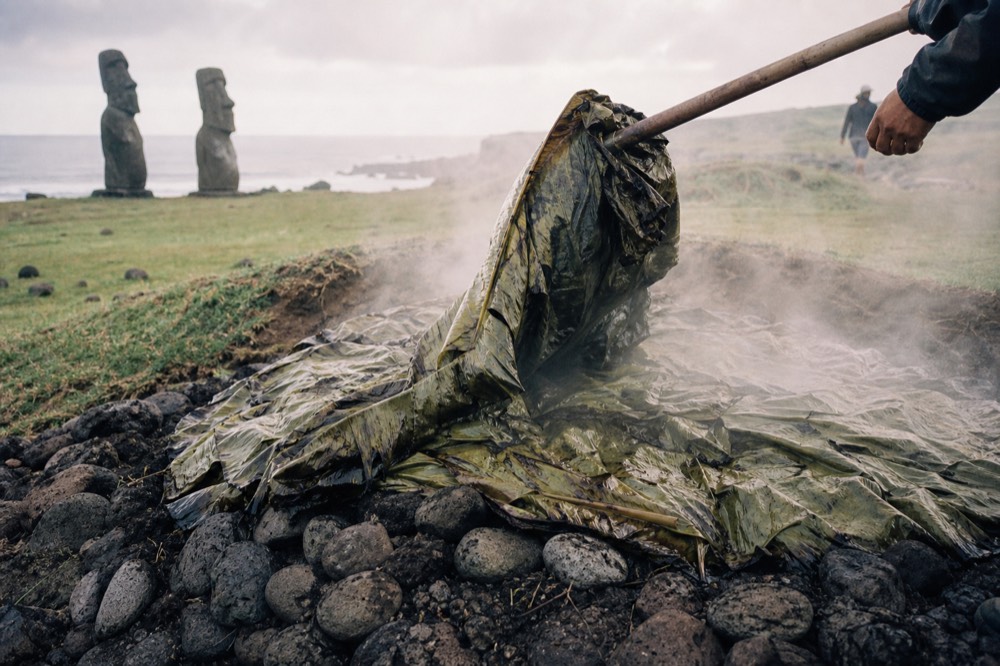 Banana leaves being lifted from a steaming earth oven pit lined with hot volcanic stones