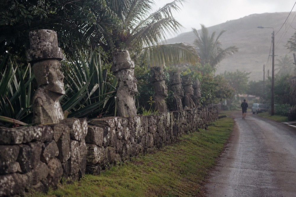 Row of tropical plants and a dry stone wall running alongside a residential lane on the edge of Hanga Roa